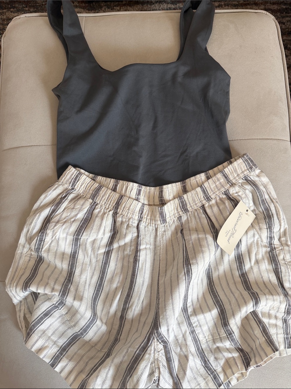 Grey Square Neck Bodysuit with Cream & Gray Striped Linen Shorts